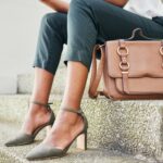 Closeup, woman and legs with shoe for fashion for career in business, law or marketing in city. Per