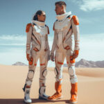 Couple Astronaut modeling a high-tech couture spacesuit with illuminated fibers, symbolizing zero-gravity fashion innovation.