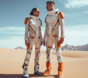Couple Astronaut modeling a high-tech couture spacesuit with illuminated fibers, symbolizing zero-gravity fashion innovation.