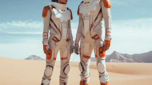 Couple Astronaut modeling a high-tech couture spacesuit with illuminated fibers, symbolizing zero-gravity fashion innovation.