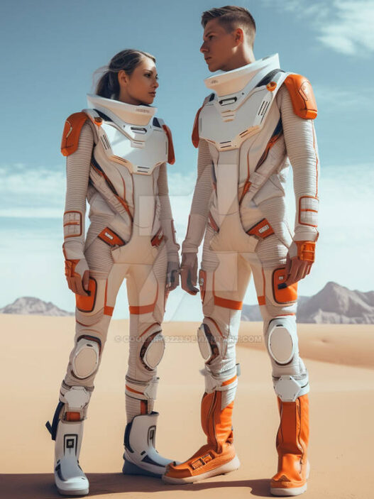 Couple Astronaut modeling a high-tech couture spacesuit with illuminated fibers, symbolizing zero-gravity fashion innovation.