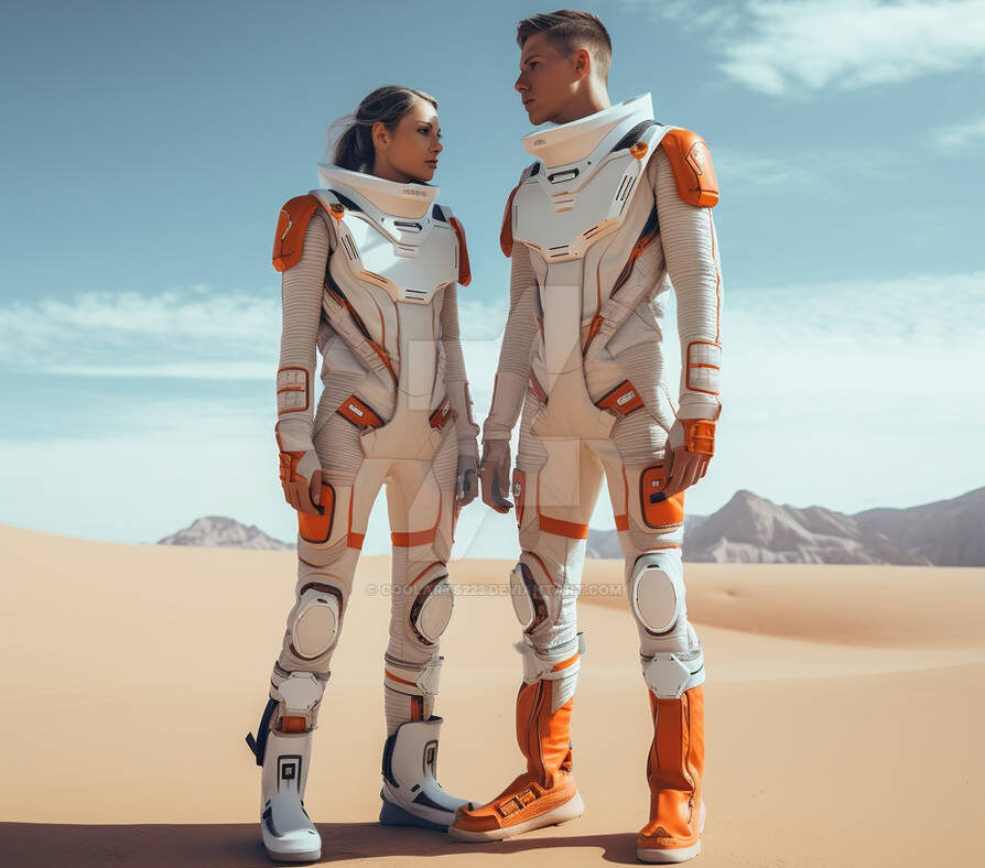 Couple Astronaut modeling a high-tech couture spacesuit with illuminated fibers, symbolizing zero-gravity fashion innovation.