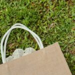 a brown bag sitting on top of a lush green field, green tardemarks, green tags
