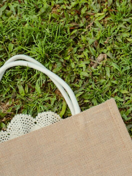 a brown bag sitting on top of a lush green field, green tardemarks, green tags
