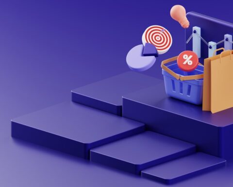 a purple background with a basket of items and a target