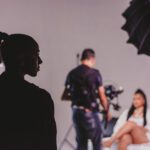 Capturing the essence of a fashion photo shoot with models and photographers in a studio.