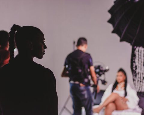 Capturing the essence of a fashion photo shoot with models and photographers in a studio.