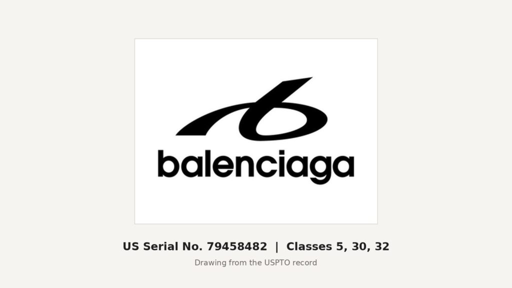 Balenciaga looped B logo above the word balenciaga, from US trademark application Serial No. 79458482