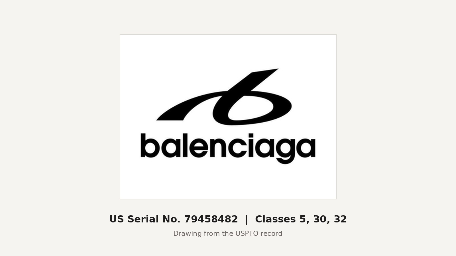 Balenciaga looped B logo above the word balenciaga, from US trademark application Serial No. 79458482