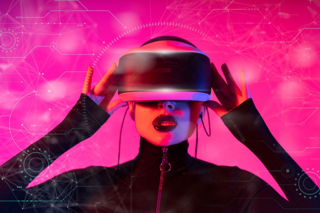 Woman in a black zip-up top wearing a VR headset against a pink digital network backdrop, representing NFTs and digital fashion