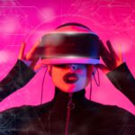 Woman in a black zip-up top wearing a VR headset against a pink digital network backdrop, representing NFTs and digital fashion