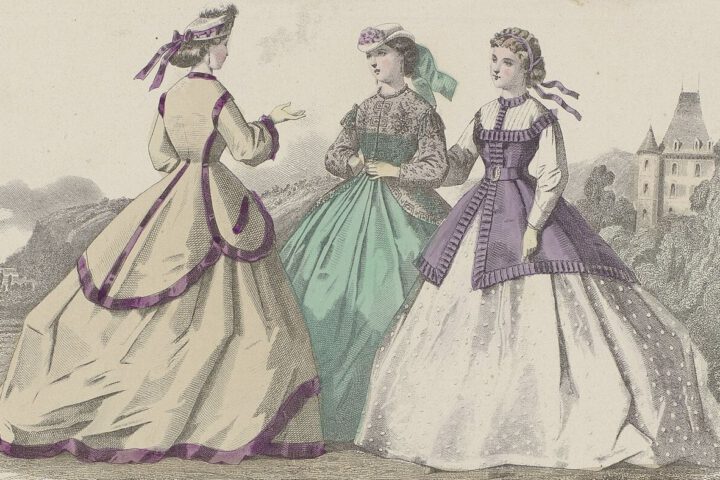 Hand-coloured 1865 fashion plate of three women in wide crinoline dresses, showing Victorian fashion