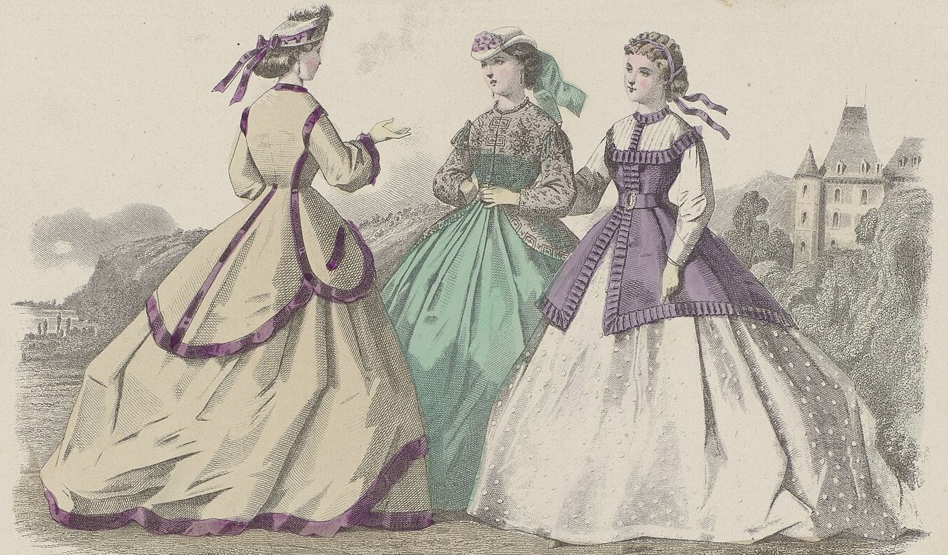 Hand-coloured 1865 fashion plate of three women in wide crinoline dresses, showing Victorian fashion
